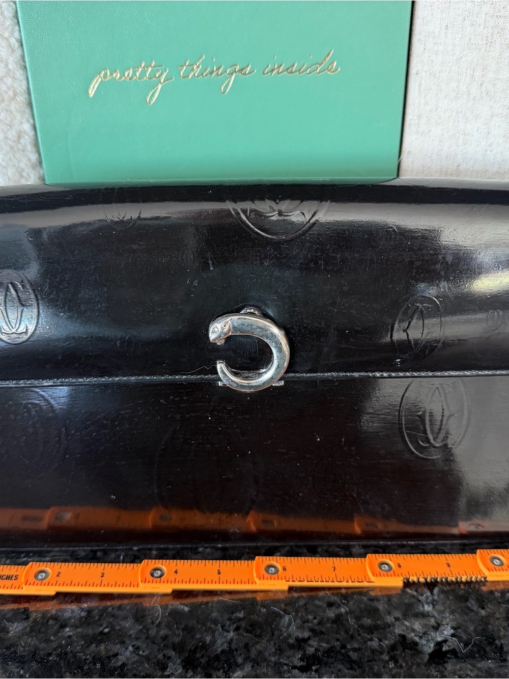 Cartier Black Patent Leather Clutch with Silver 'C' Closure
